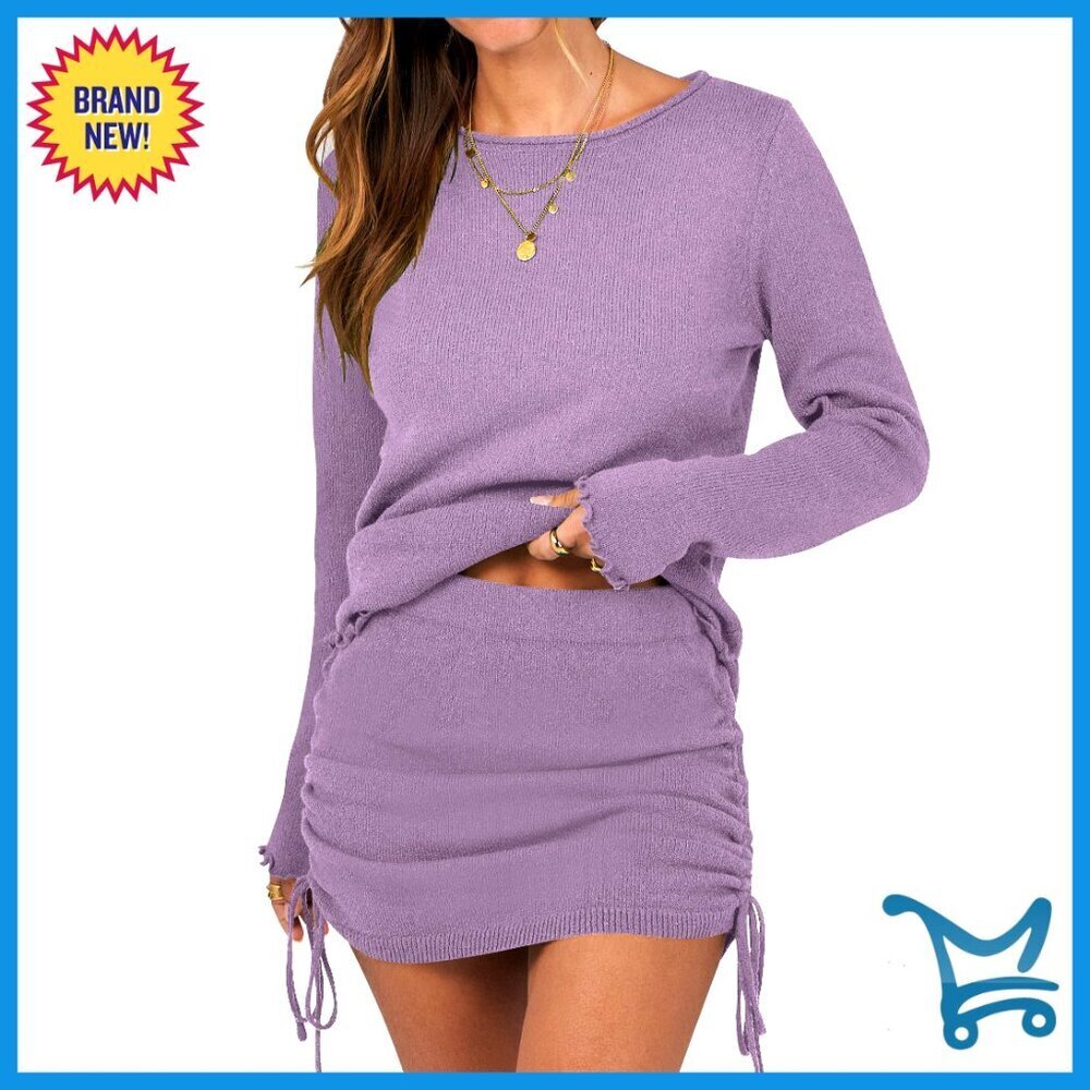 Long Sleeve Sweater Skirt Set Knitted Ruffle Hem Lounge Wear Travel Outfit